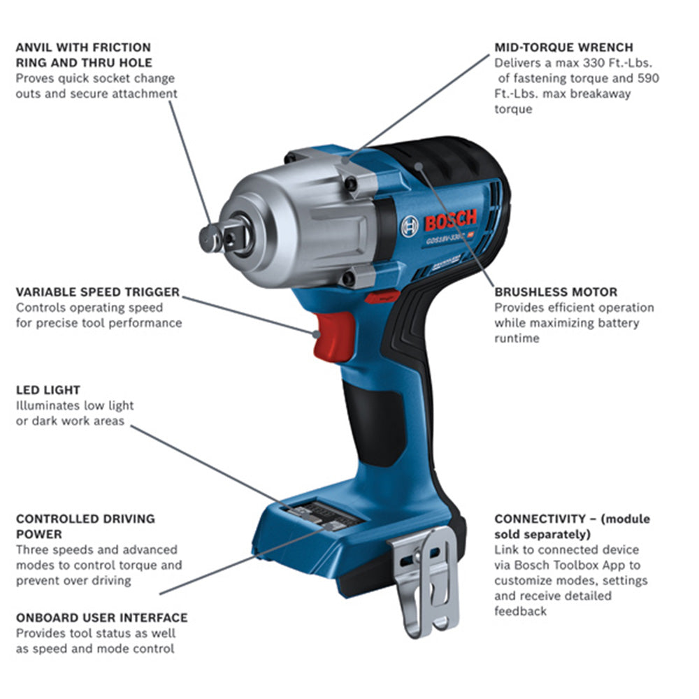 Bosch, Bosch GDS18V-330CN 18V 1/2" Brushless Impact Wrench Friction Ring - Bare Tool