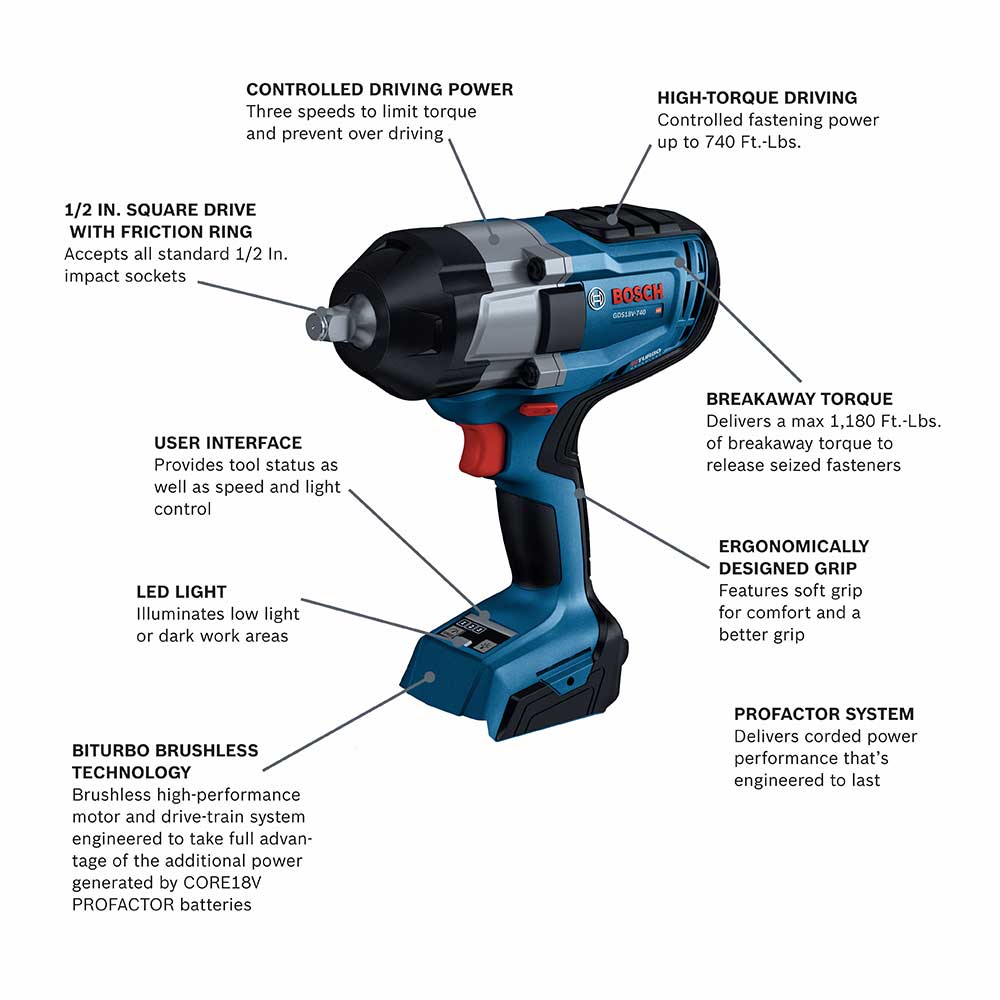 Bosch, Bosch GDS18V-740N 18V PROFACTOR 1/2" Impact Wrench w/ Friction Ring - Bare Tool