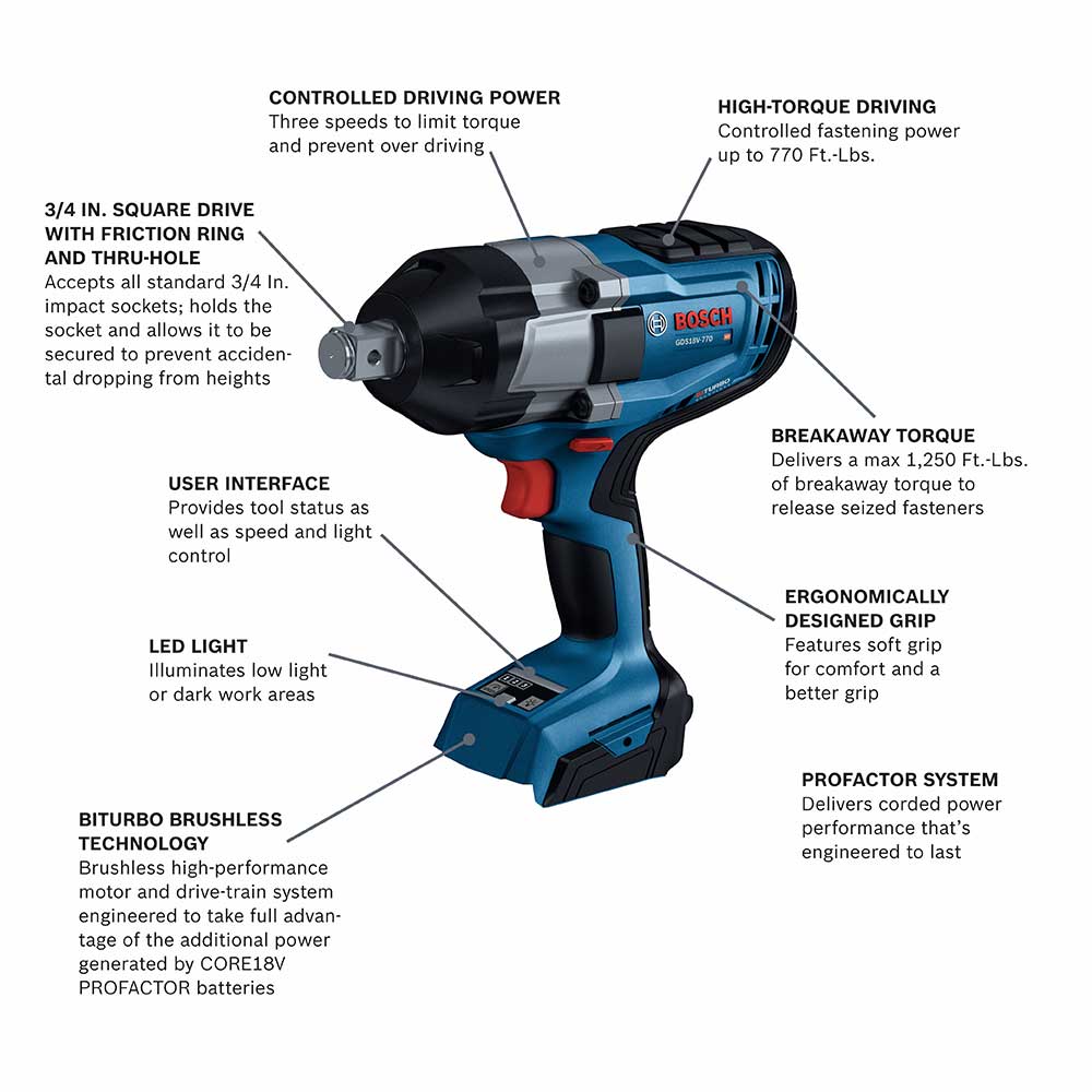 Bosch, Bosch GDS18V-770N 18V PROFACTOR 3/4" Impact Wrench w/ Friction Ring - Bare Tool