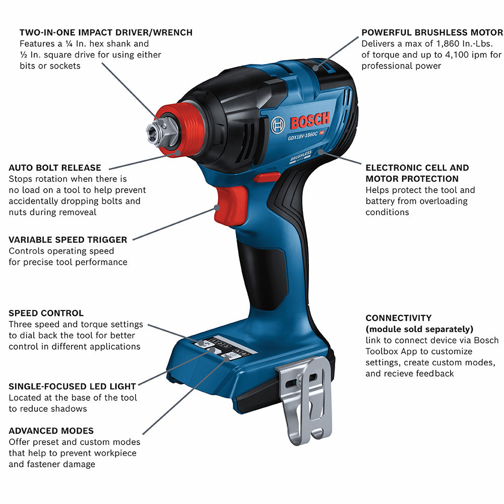 Bosch, Bosch GDX18V-1860CN 18V 1/4" - 1/2" Brushless Impact Driver/Wrench - Bare Tool