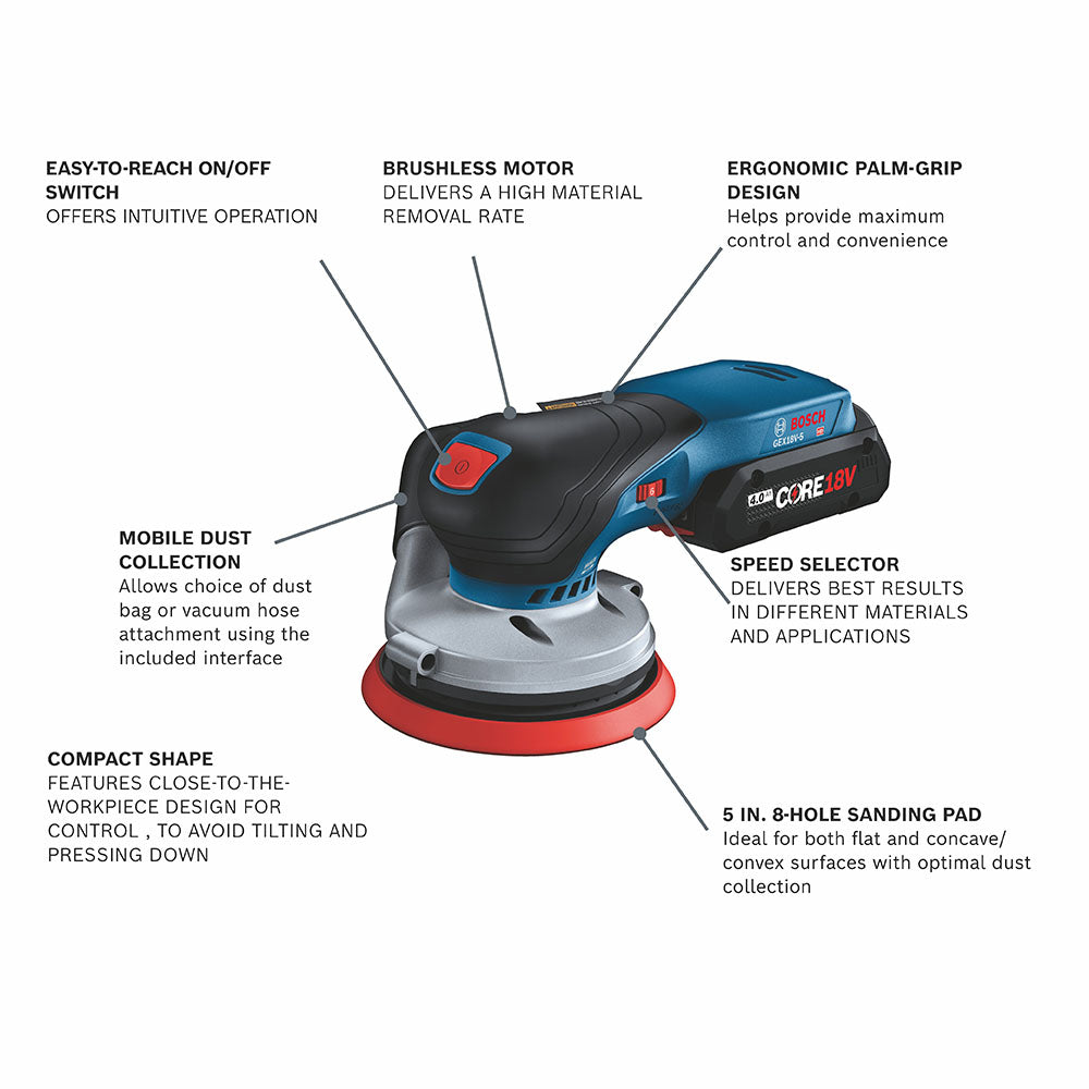 Bosch, Bosch GEX18V-5N 18V 5" Brushless Random Orbit Sander - Bare Tool