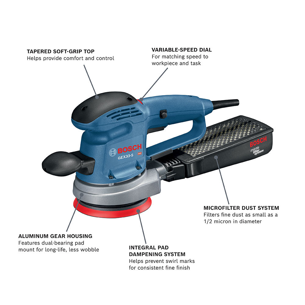 Bosch, Bosch GEX33-5N 5” Corded Multi-Hole Random Variable Speed Orbit Sander/Polisher