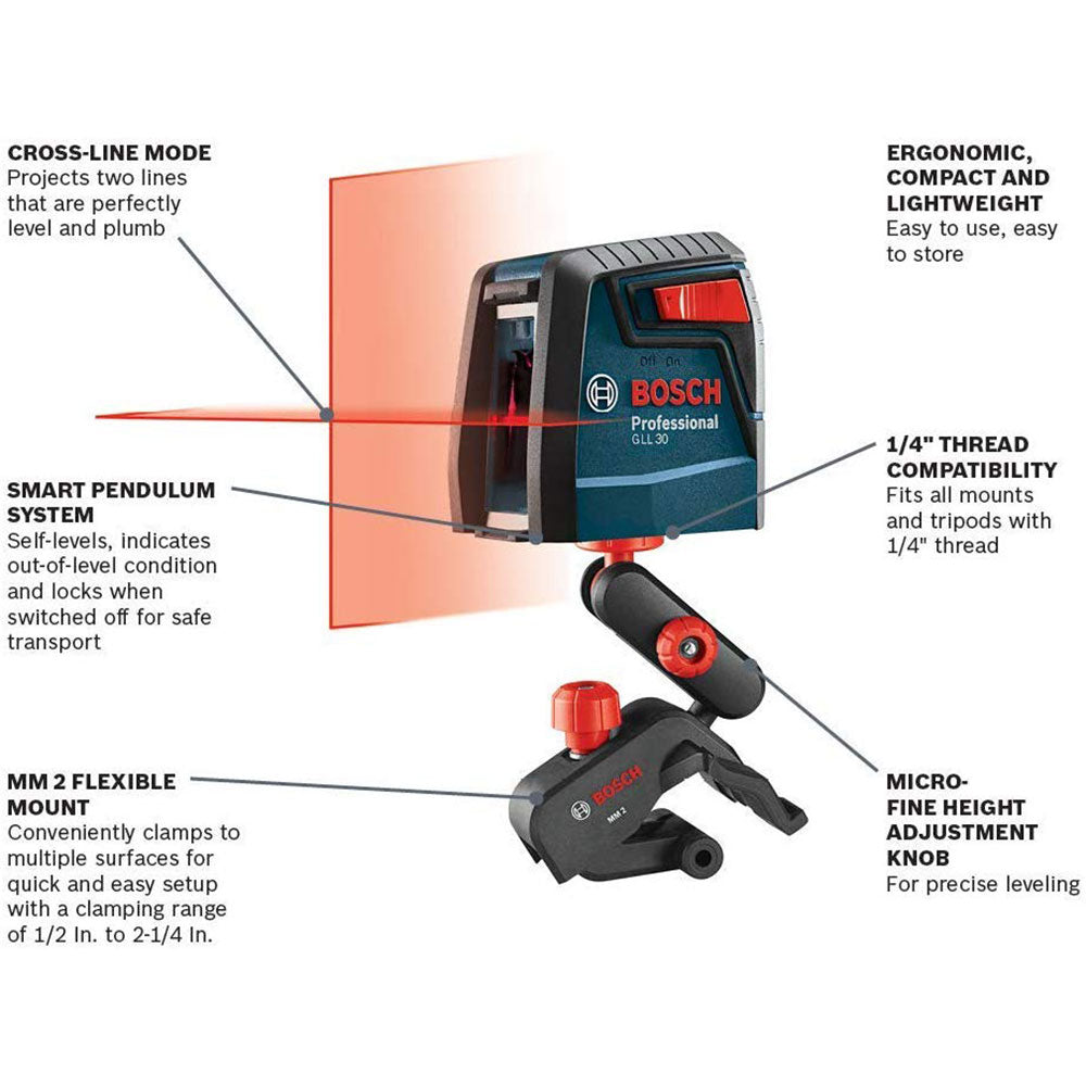 Bosch, Bosch GLL30 30-foot Self Leveling Red Beam Cross Line Laser w/ Clamping Mount