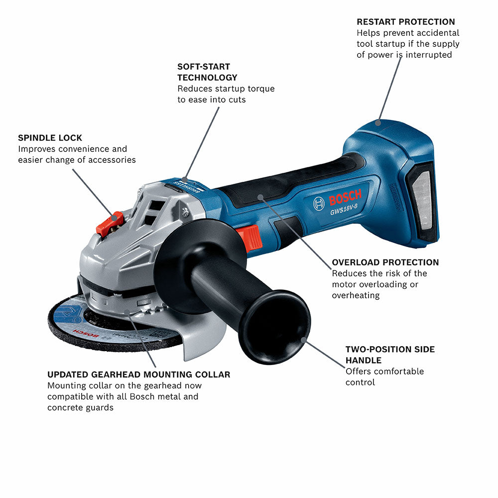 Bosch, Bosch GWS18V-8N 18V 4-1/2" Brushless Angle Grinder w/ Slide Switch - Bare Tool