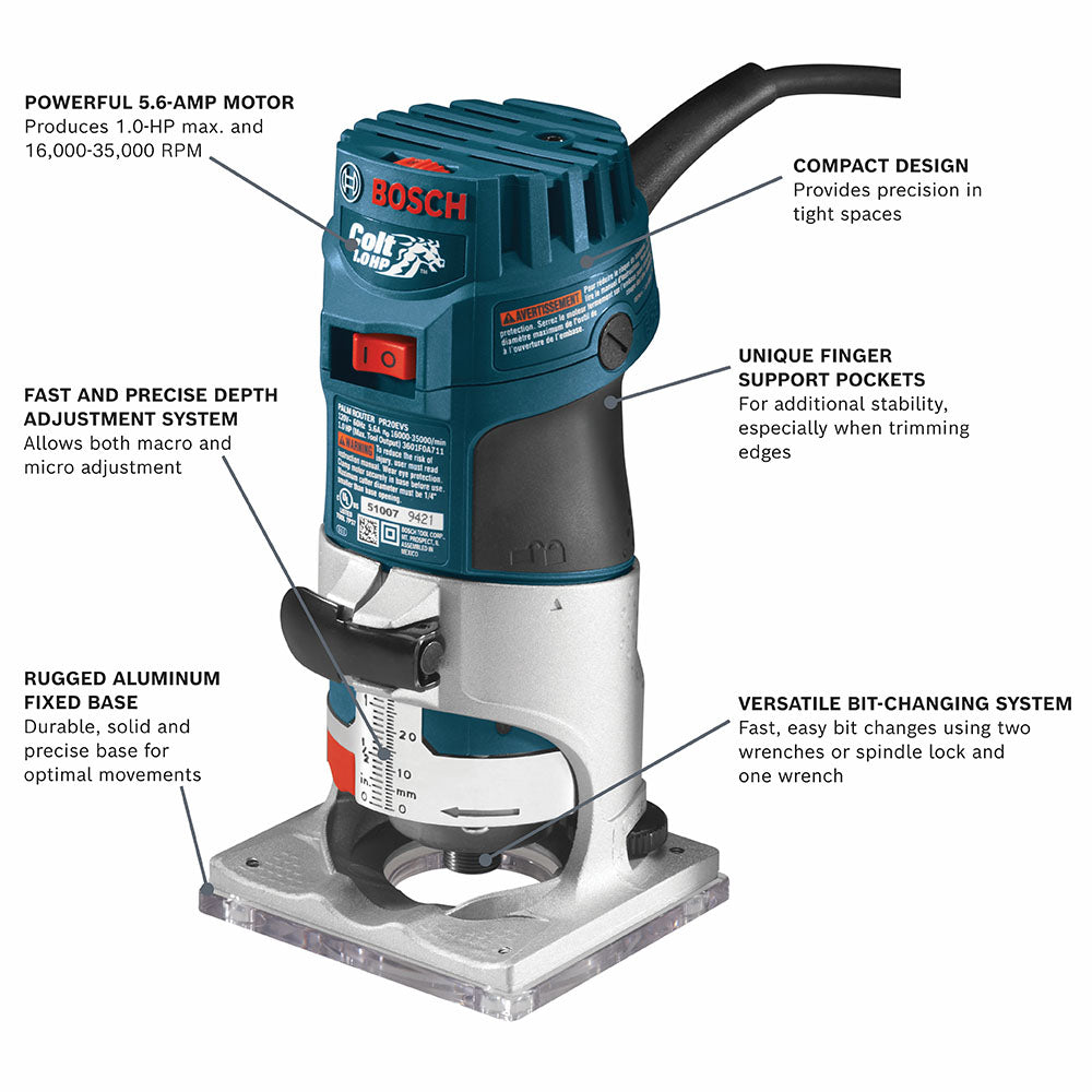 Bosch, Bosch PR20EVS 120V Corded Cariable Speed Palm Router w/ Variable Speed