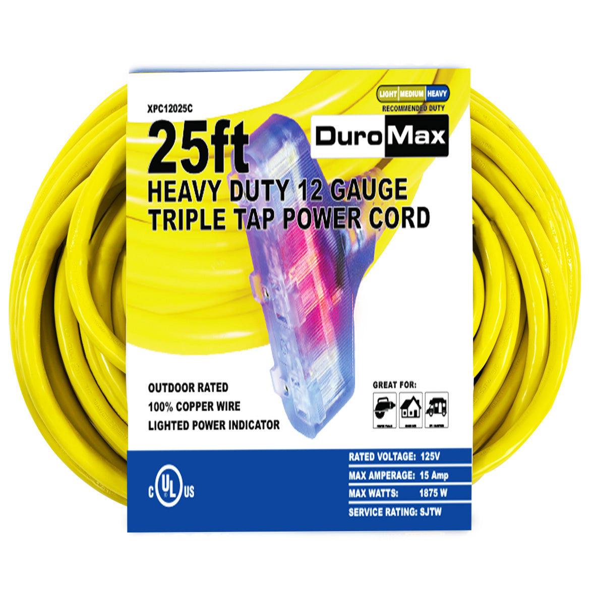 DuroMax, DuroMax XPC12025C 25-Foot 12 Gauge Triple Tap Extension Power Cord