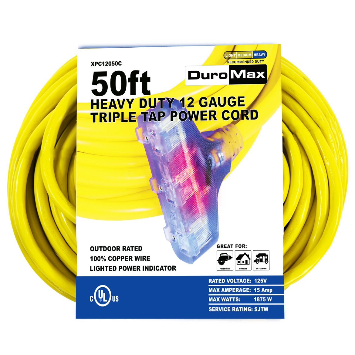 DuroMax, DuroMax XPC12050C 50-Foot 12 Gauge Triple Tap Extension Power Cord