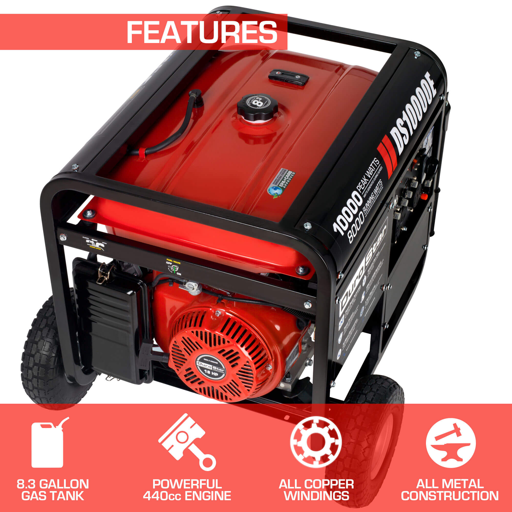 DuroStar, DuroStar DS10000E 10000-Watt 440cc Portable Gas Generator w/ Electric Start and Wheel Kit