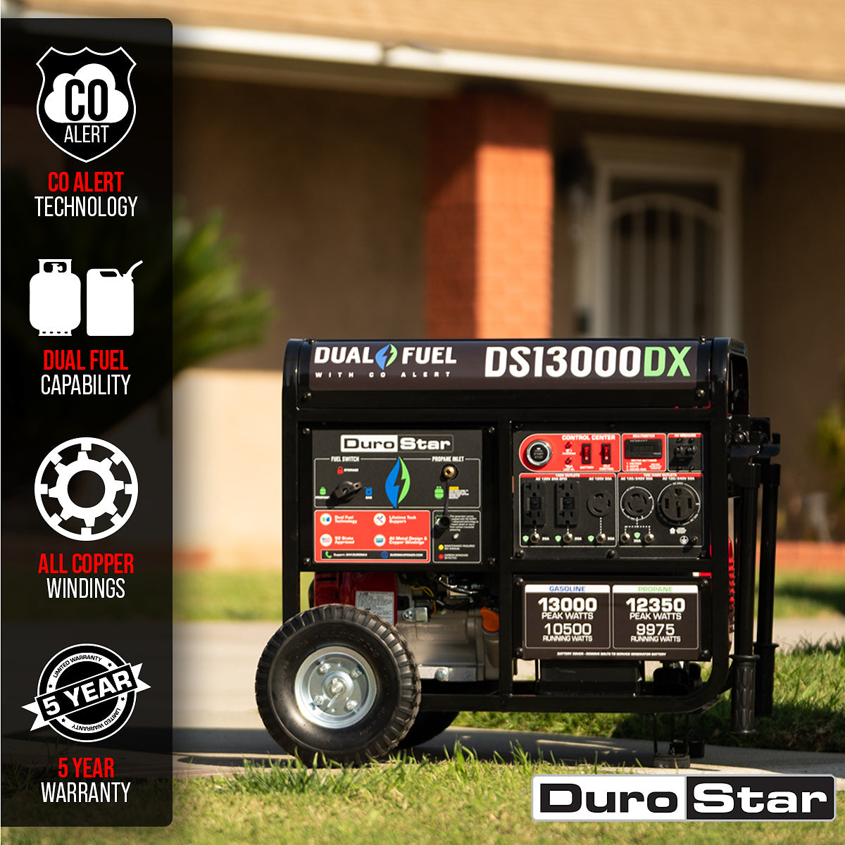 DuroStar, DuroStar DS13000DX 13,000W/10,500W 500cc Electric Start Dual Fuel Portable Generator w/ CO Alert