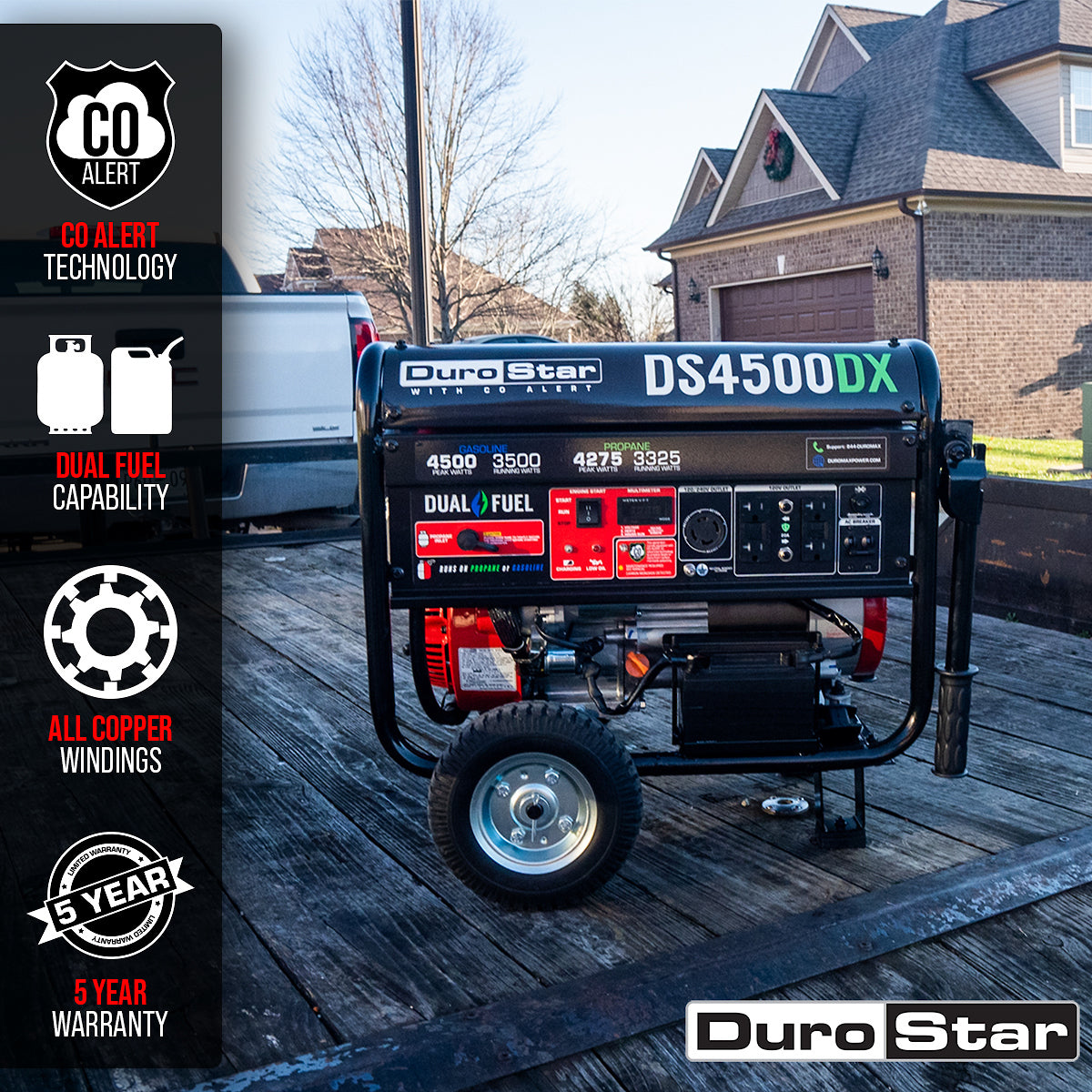 DuroStar, DuroStar DS4500DX 4,500W/3,500W 210cc Electric Start Dual Fuel Portable Generator w/ CO Alert