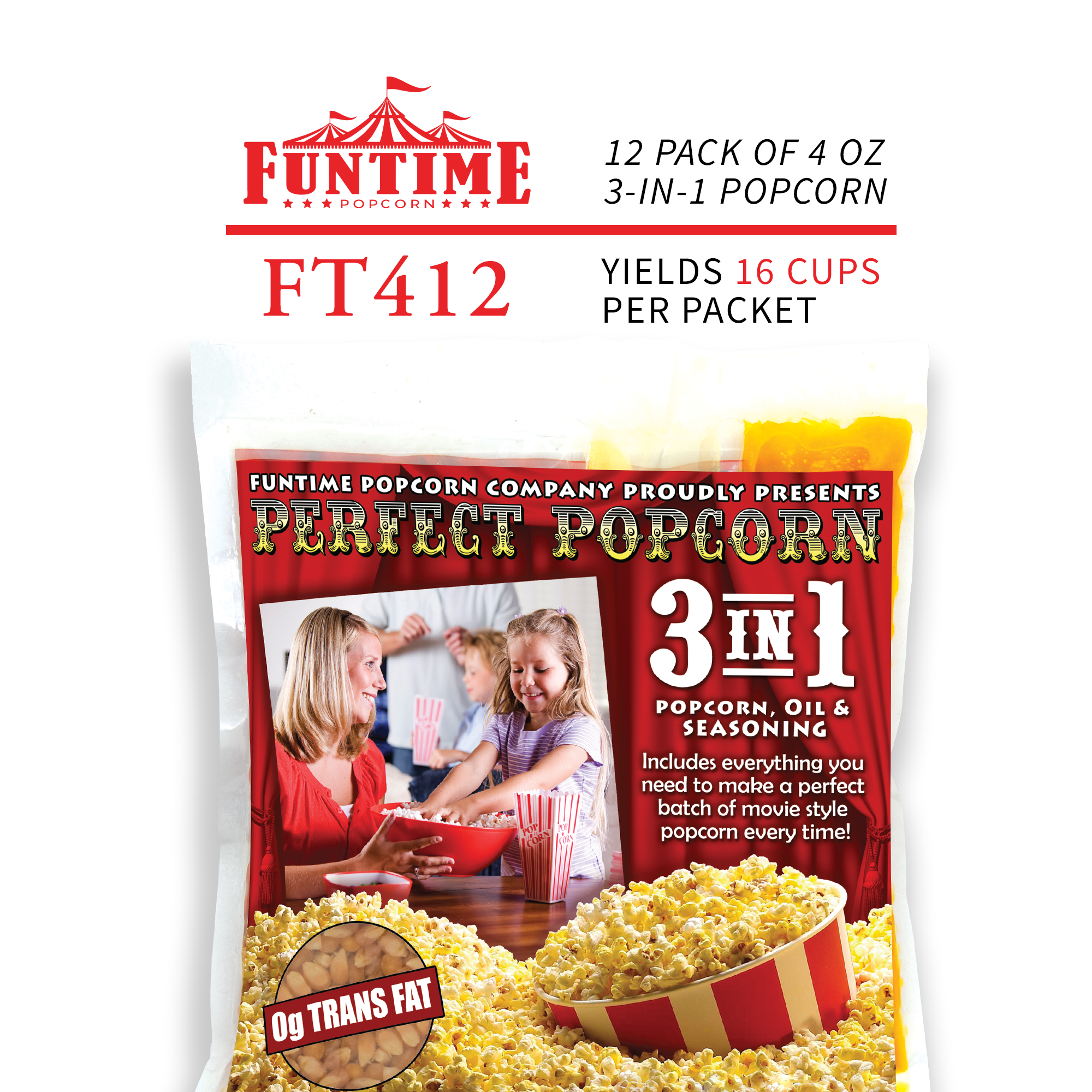 FunTime, FunTime FT412 4-Ounce 3-in-1 Popcorn portion Movie Pouch Kit - 12pk