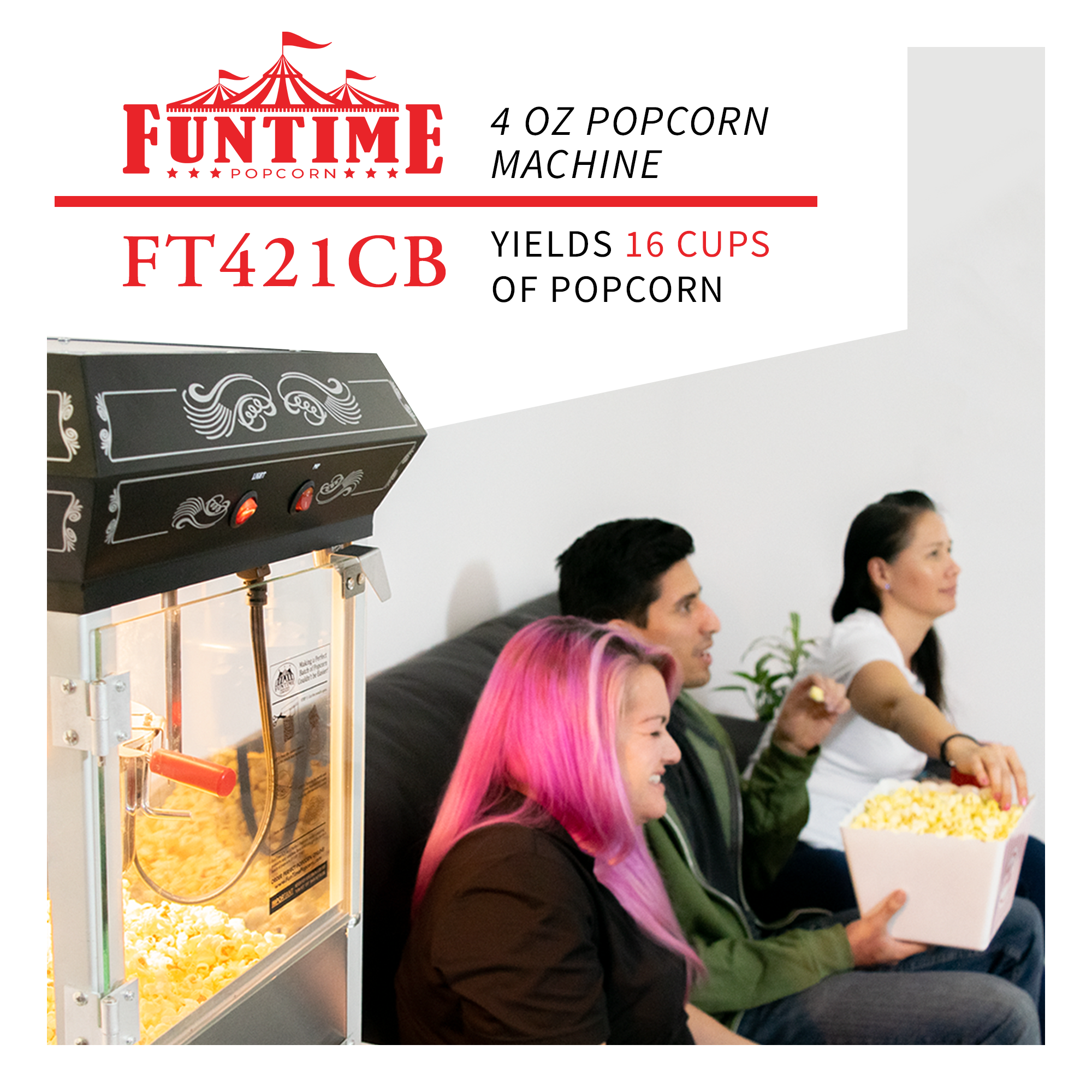 FunTime, FunTime FT421CB 4oz Black Bar Table Top Popcorn Popper Maker Machine