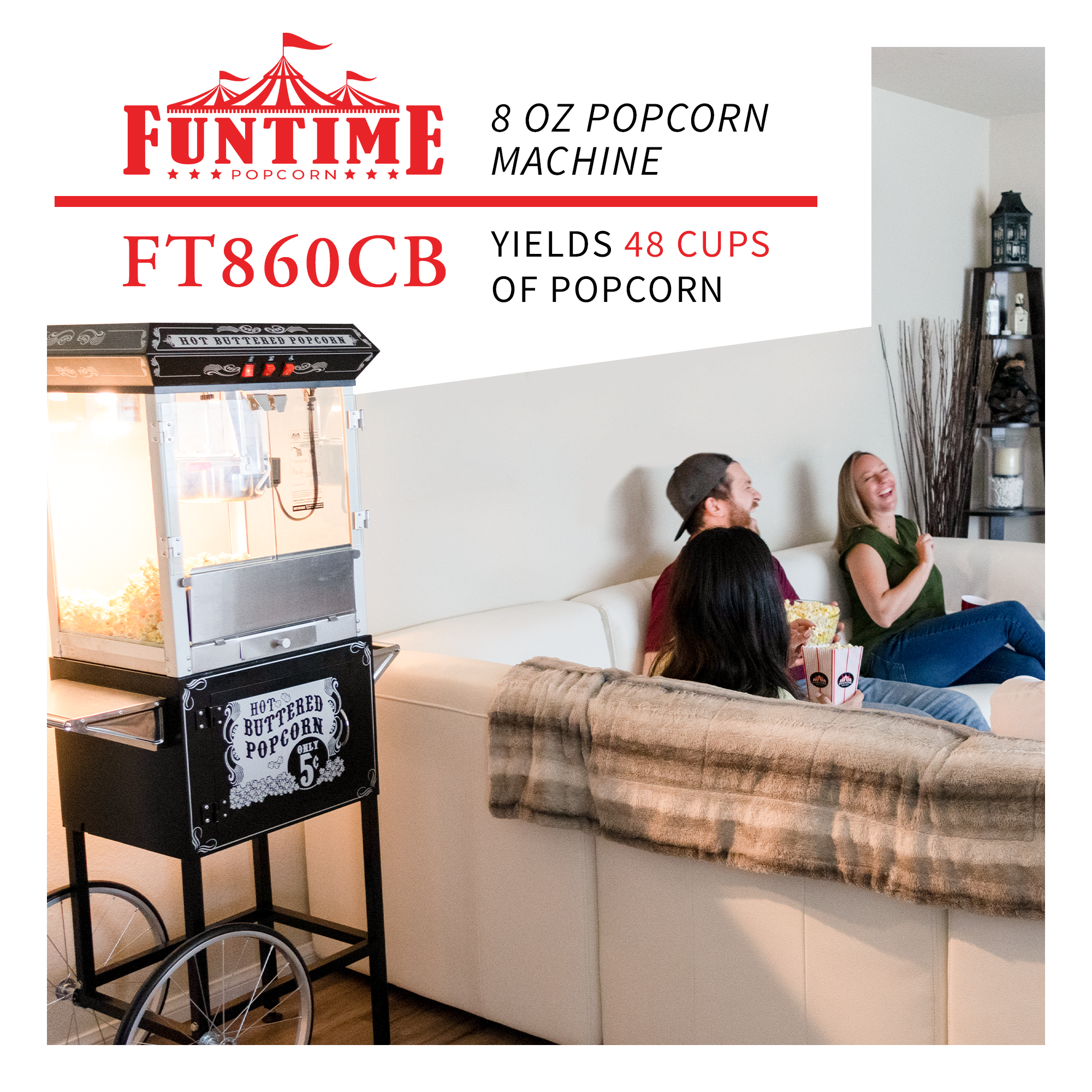 FunTime, FunTime FT860CB 8oz Premium Black Popcorn Popper Machine Maker Cart Vintage