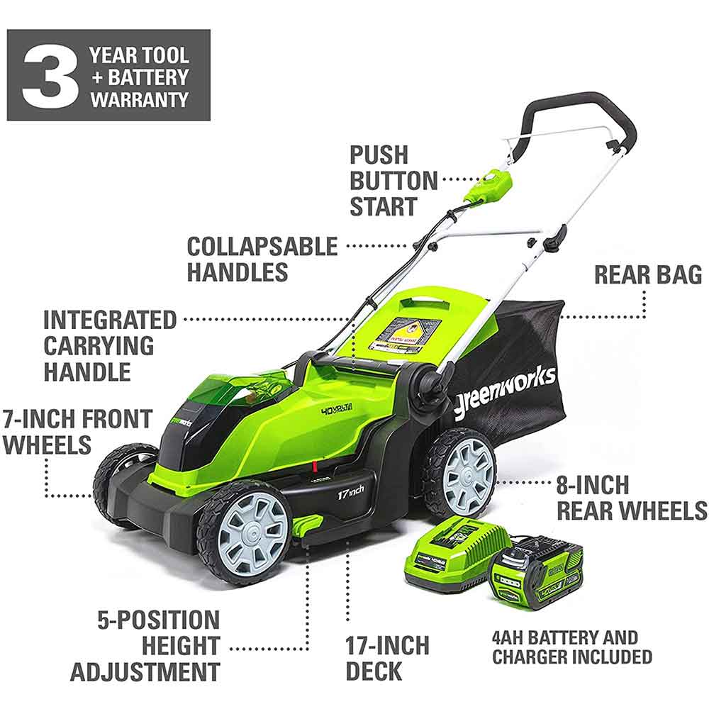 GreenWorks, GreenWorks MO40B411 40-Volt 17-Inch Cordless Brushed Lawn Mower Kit - 2508302