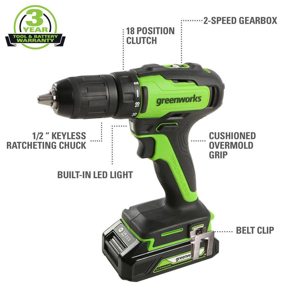 GreenWorks, Greenworks 1307502AZ 24V Brushless Cordless Li-Ion Drill/Impact Driver Combo Kit