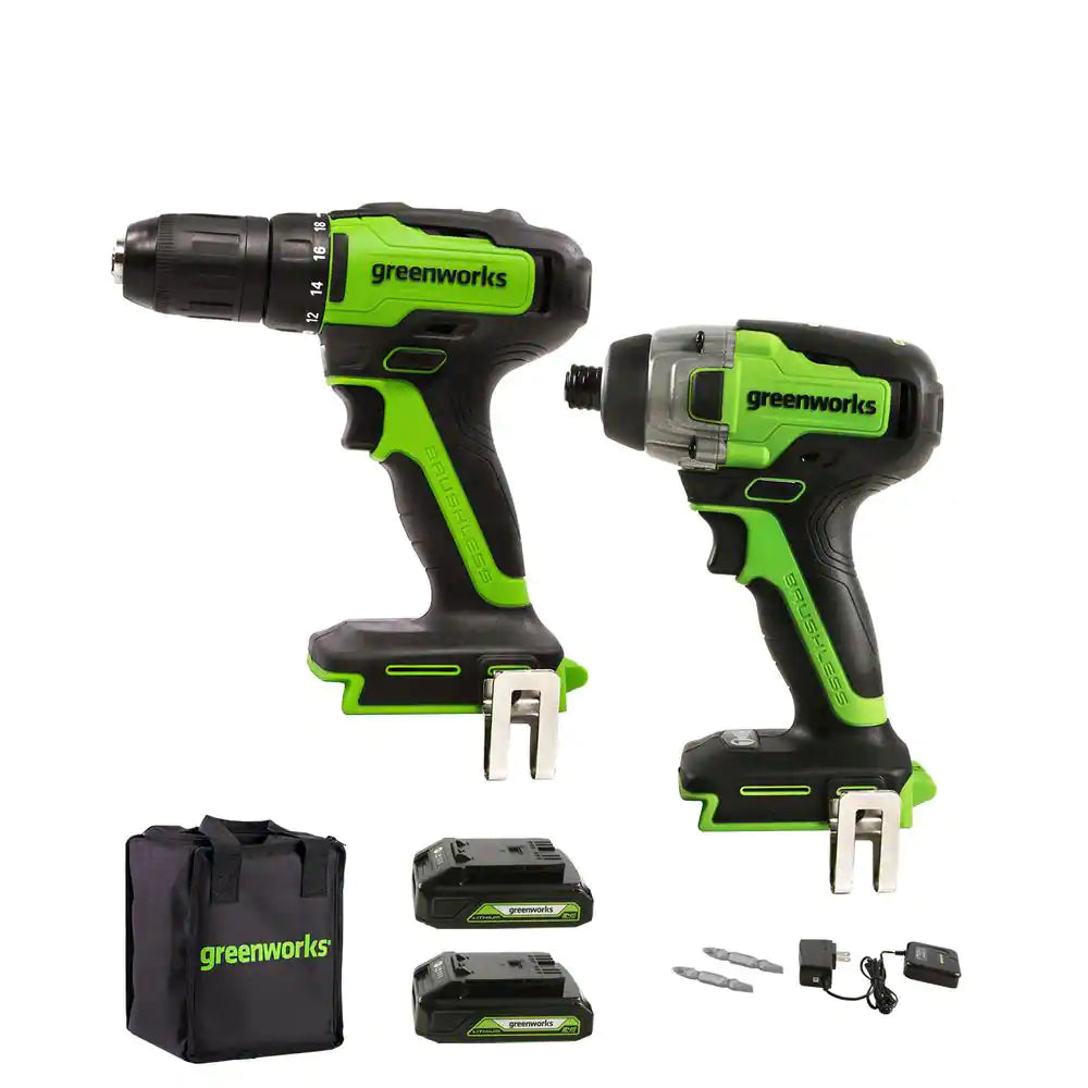 GreenWorks, Greenworks 1307502AZ 24V Brushless Cordless Li-Ion Drill/Impact Driver Combo Kit