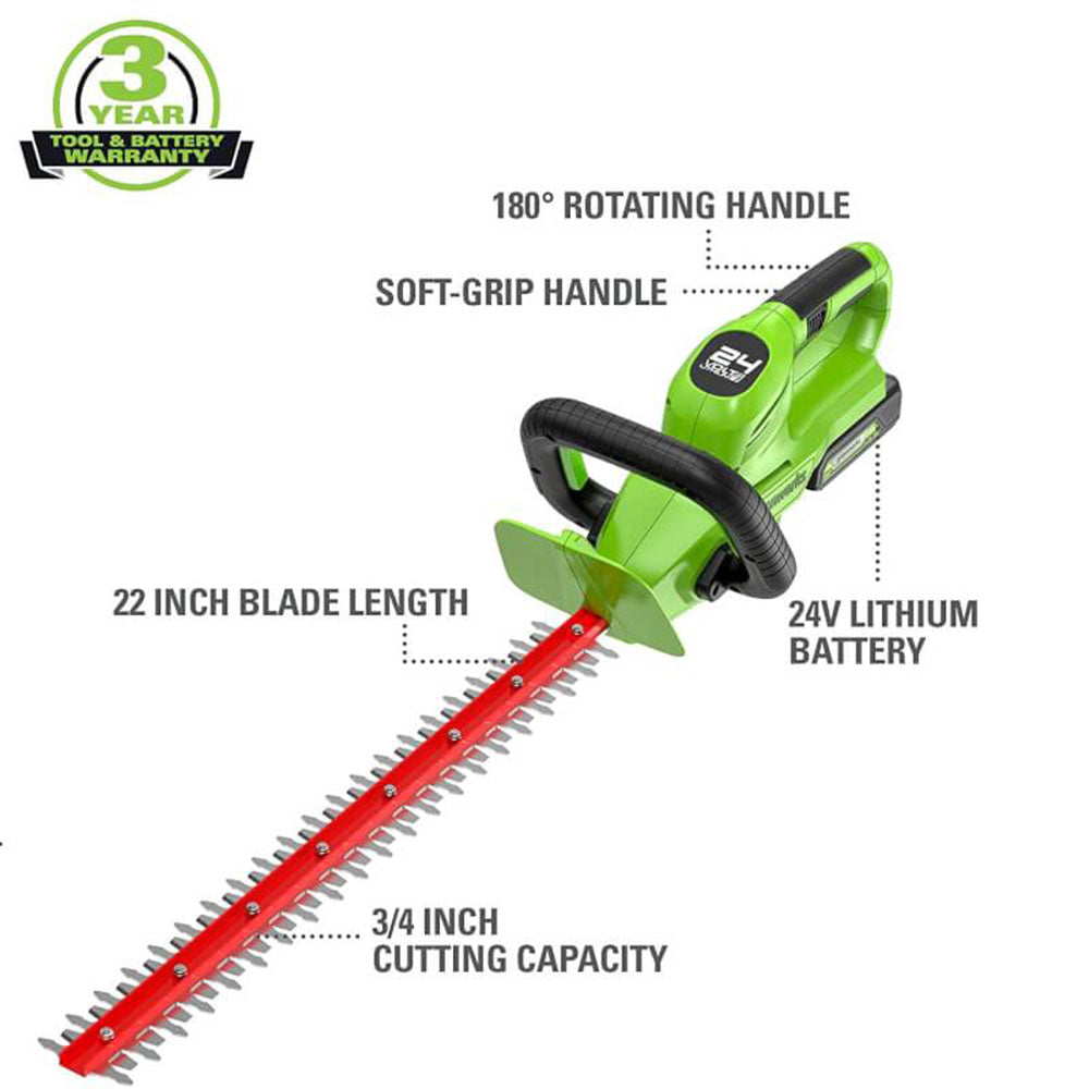 GreenWorks, Greenworks 2205402T 24V 22" Cordless Rotating Handle Hedge Trimmer - Bare Tool