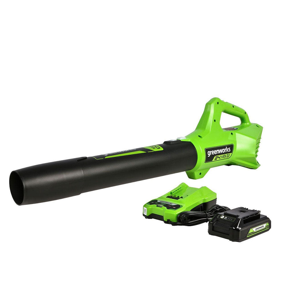 GreenWorks, Greenworks 2415702AZ 24V 320 CFM Cordless 2 Speed Leaf Blower w/ 2.0Ah Battery