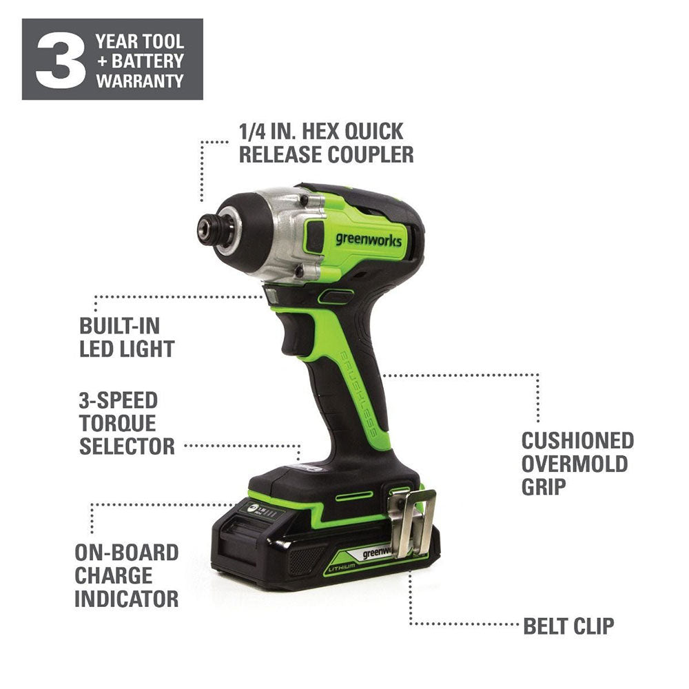 GreenWorks, Greenworks 3803702AZ 24V Brushless Impact Driver Kit w/ 1.5AH USB Batteries