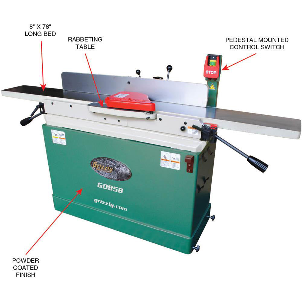 Grizzly, Grizzly G0858 230V 8 x 76 Parallelogram Jointer Spiral Cutterhead Mobile Base