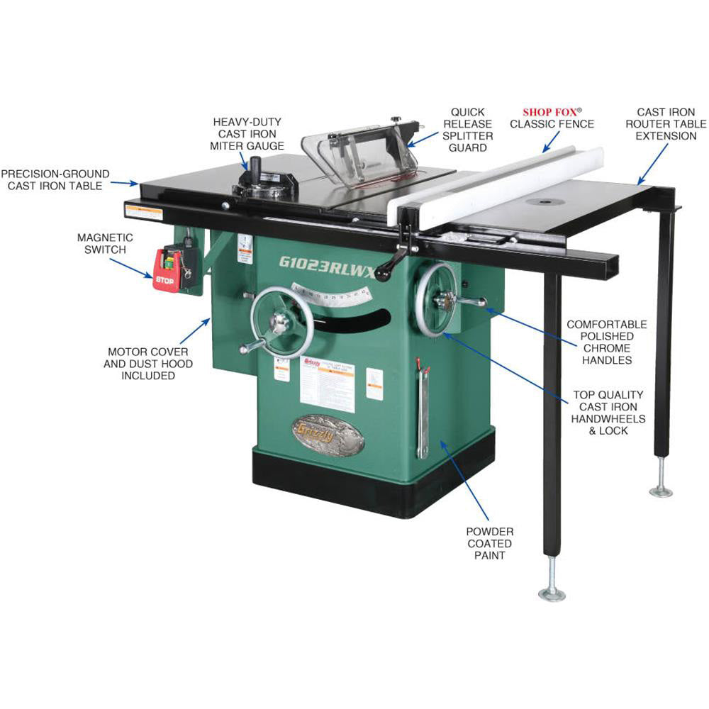 Grizzly, Grizzly G1023RLWX 240V 10 Inch 5 HP 240V Cabinet Left-Tilting Table Saw