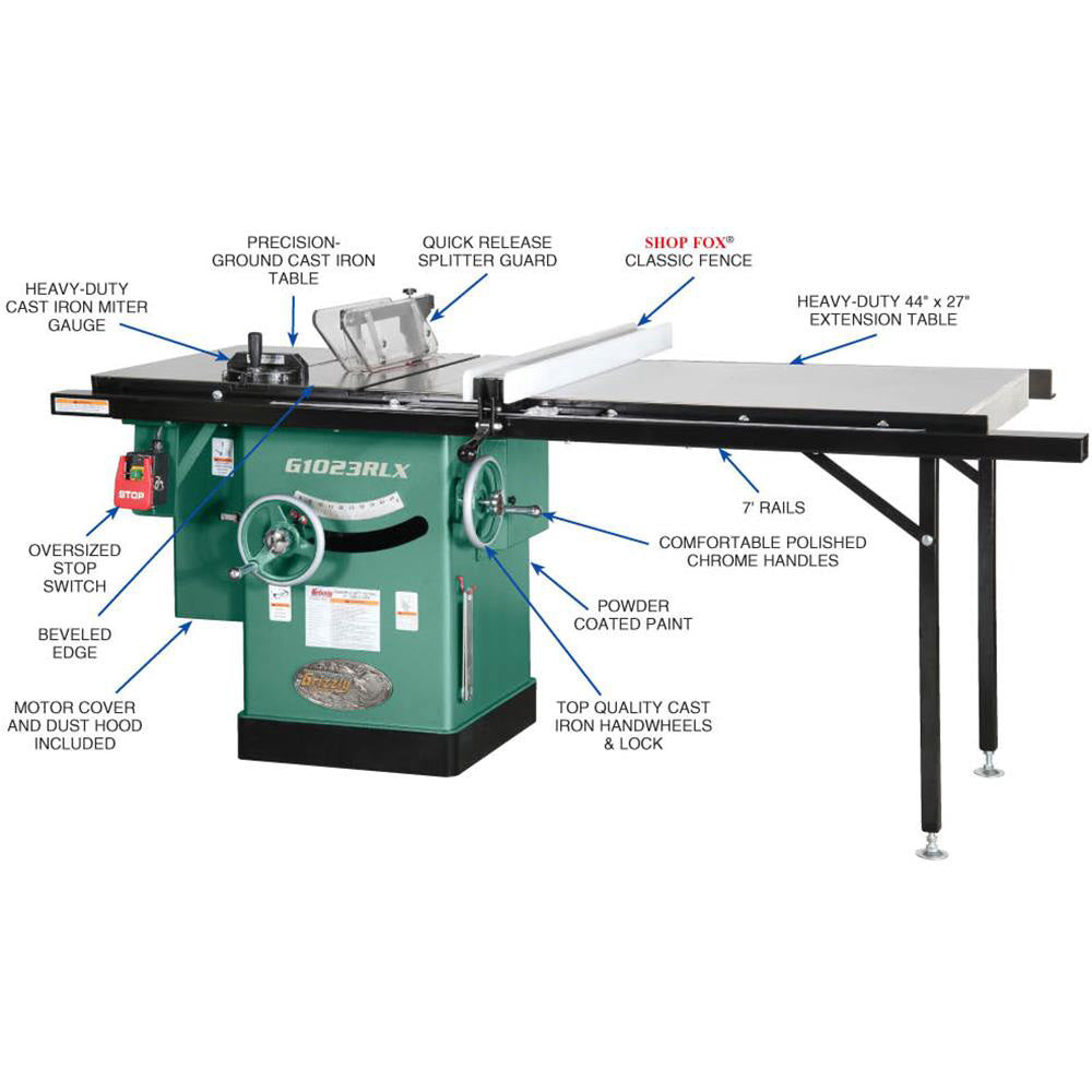 Grizzly, Grizzly G1023RLX 10 In 3 HP 240V Cabinet Left-Tilting Table Saw Extension Table