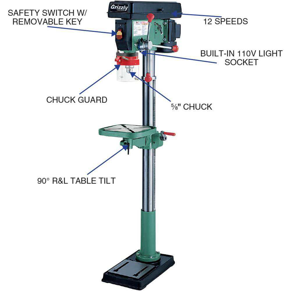 Grizzly, Grizzly G7944 120V 14 Inch 12 Speed Heavy-Duty Floor Drill Press