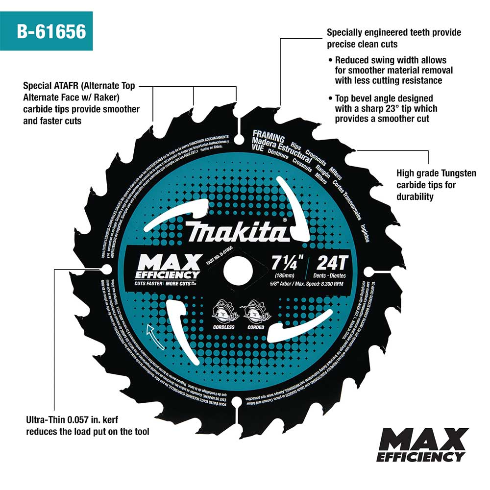 Makita, Makita B-61656-3 7-1/4" 24T Carbide Tipped Efficient Circular Saw Blade - 3 pk