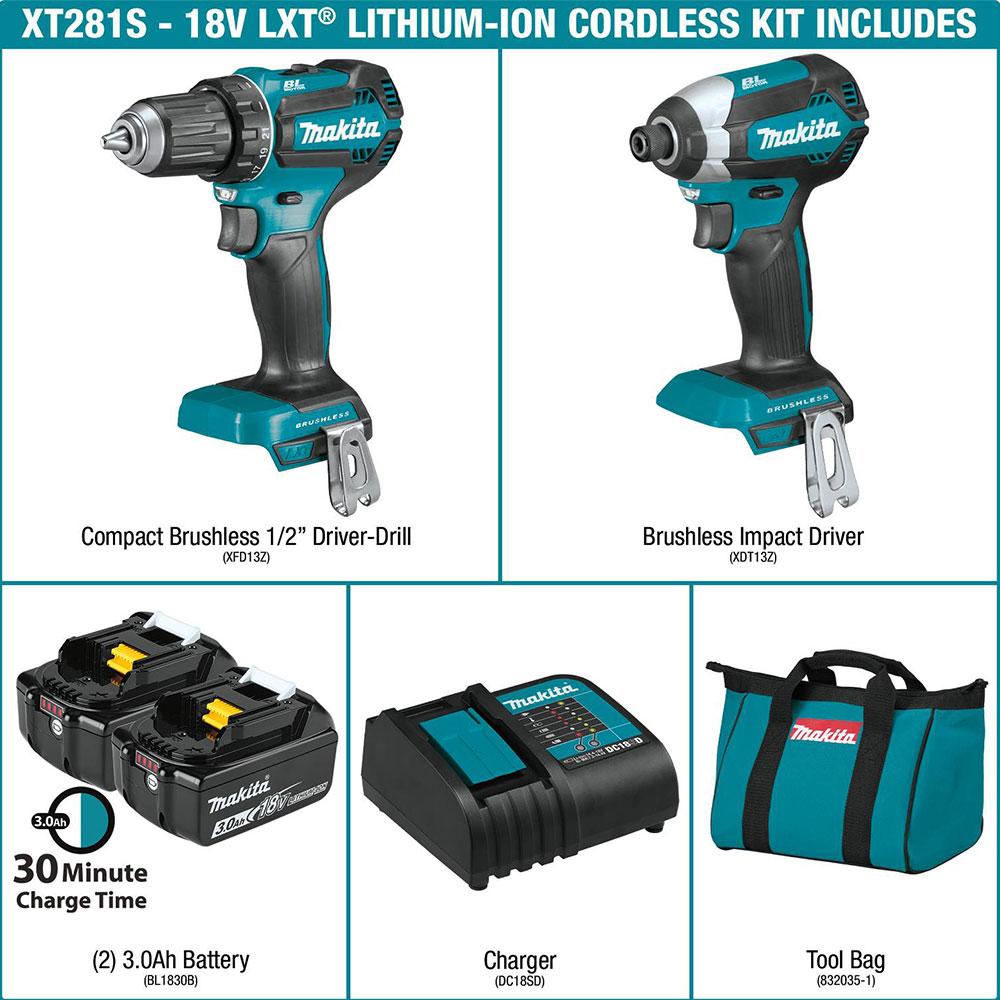 Makita, Makita XT281S 18 Volt 3.0Ah 2-Tool Brushless Cordless Driver Combo Kit