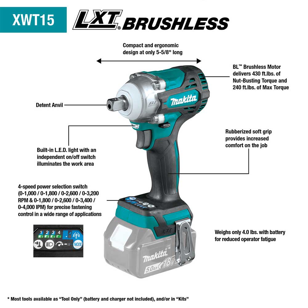 Makita, Makita XWT15Z 18V 1/2" LXT Cordless Impact Wrench Kit w/ Detent Anvil -Bare Tool