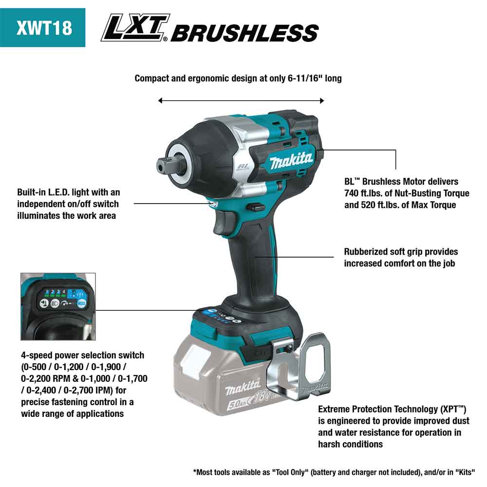 Makita, Makita XWT18XVZ 18V LXT 1/2" Sq. Drive Cordless Utility Impact Wrench -Bare Tool