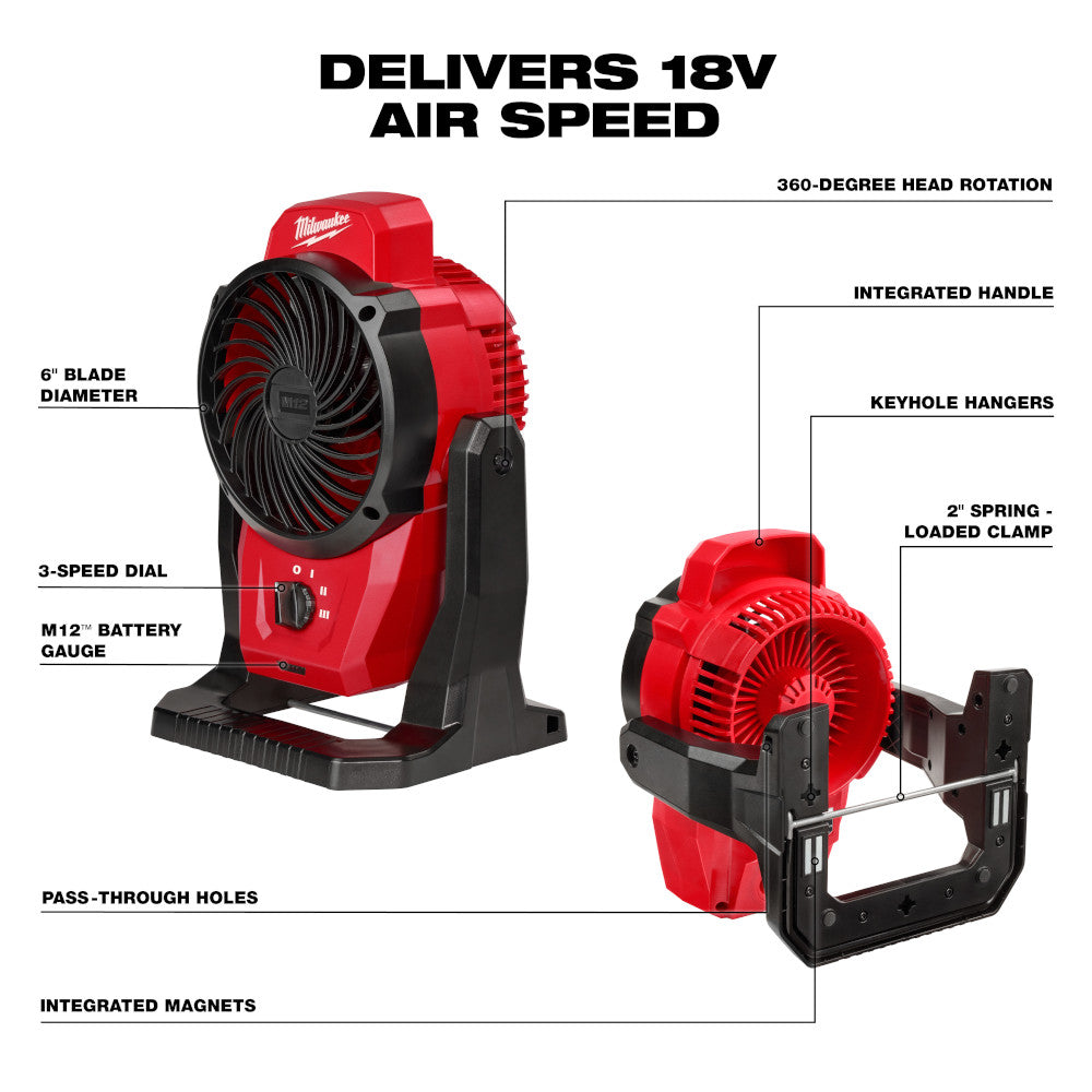 Milwaukee, Milwaukee 0820-20 M12 12V Cordless Li-Ion Mounting Fan - Bare Tool