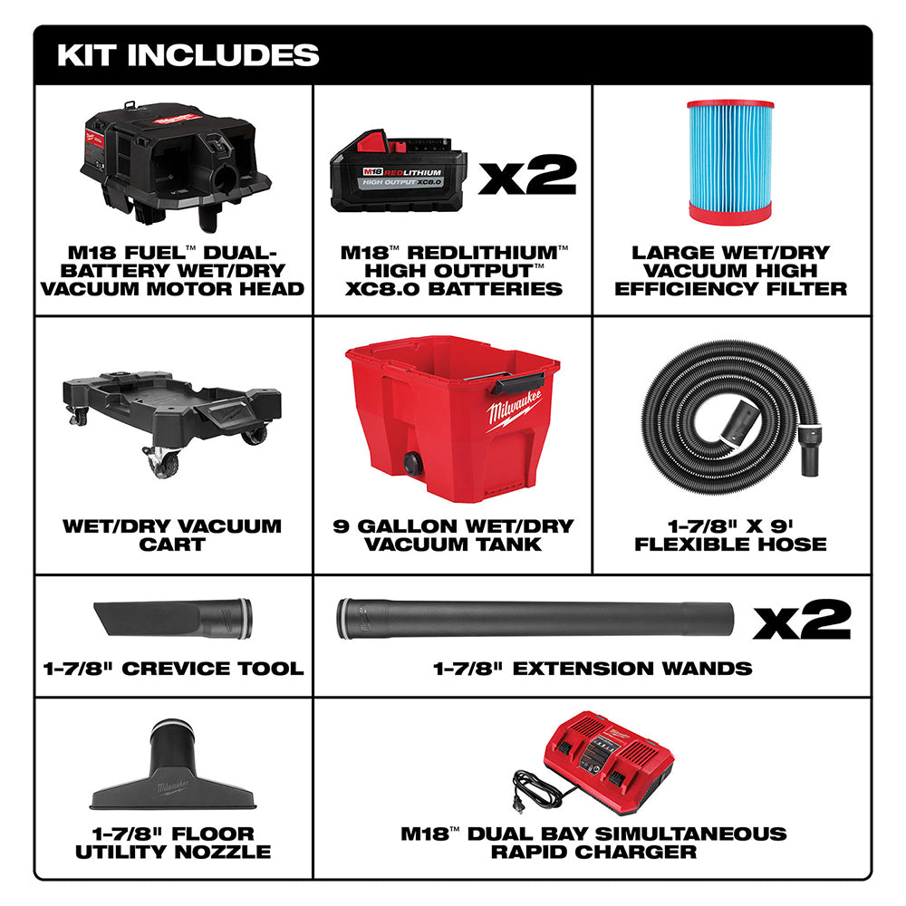 Milwaukee, Milwaukee 0920-22HD M18 FUEL 9 Gallon Dual-Battery Wet/Dry Vacuum Kit