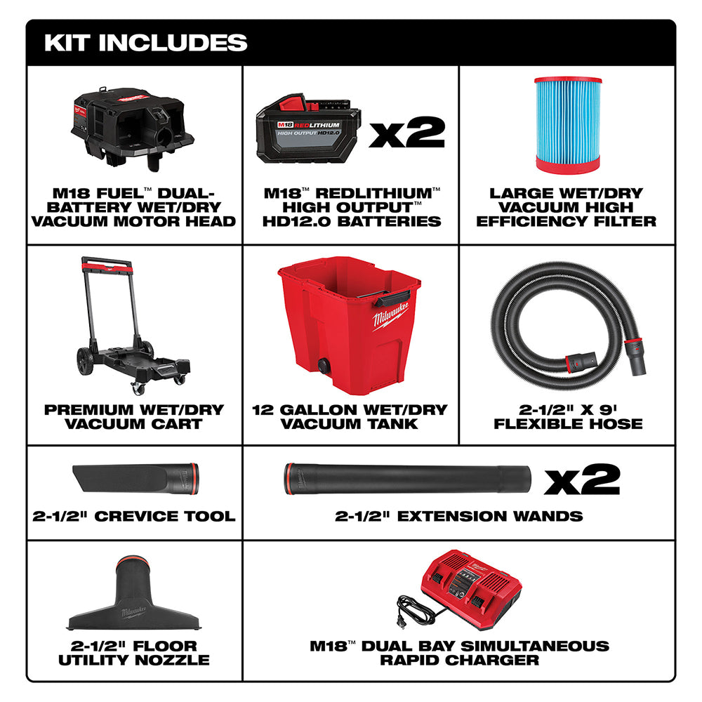 Milwaukee, Milwaukee 0930-22HD M18 FUEL 12 Gallon Dual-Battery Wet/Dry Vacuum Kit