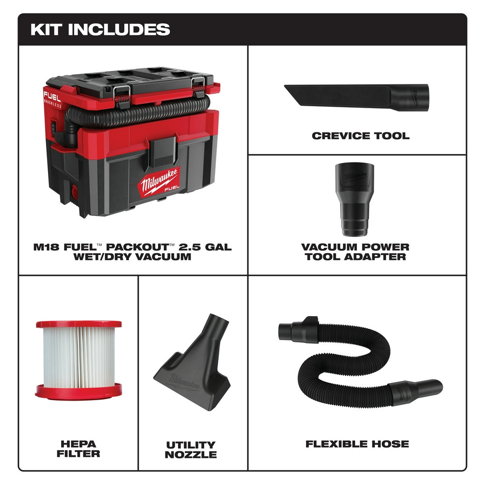 Milwaukee, Milwaukee 0970-20 M18 FUEL PACKOUT 2.5 Gallon Cordless Wet/Dry Vacuum -Bare Tool