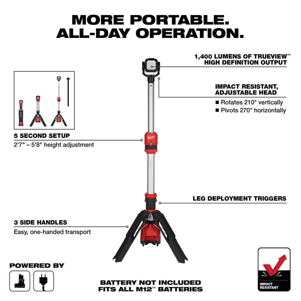 Milwaukee, Milwaukee 2132-20 M12 12V 1,400-Lumen Dual Power Tower Light - Bare Tool