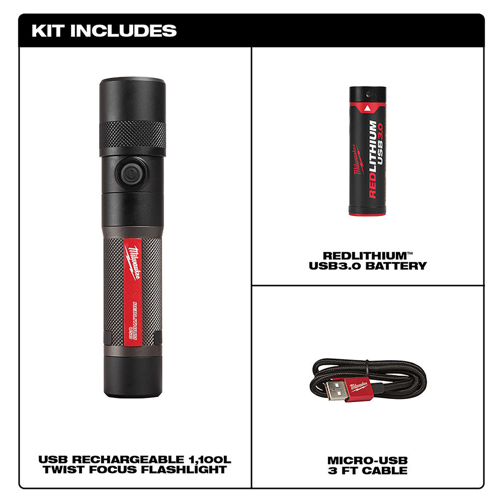 Milwaukee, Milwaukee 2161-21 1100 Lumen USB Rechargeable LED Twist Focus Flashlight