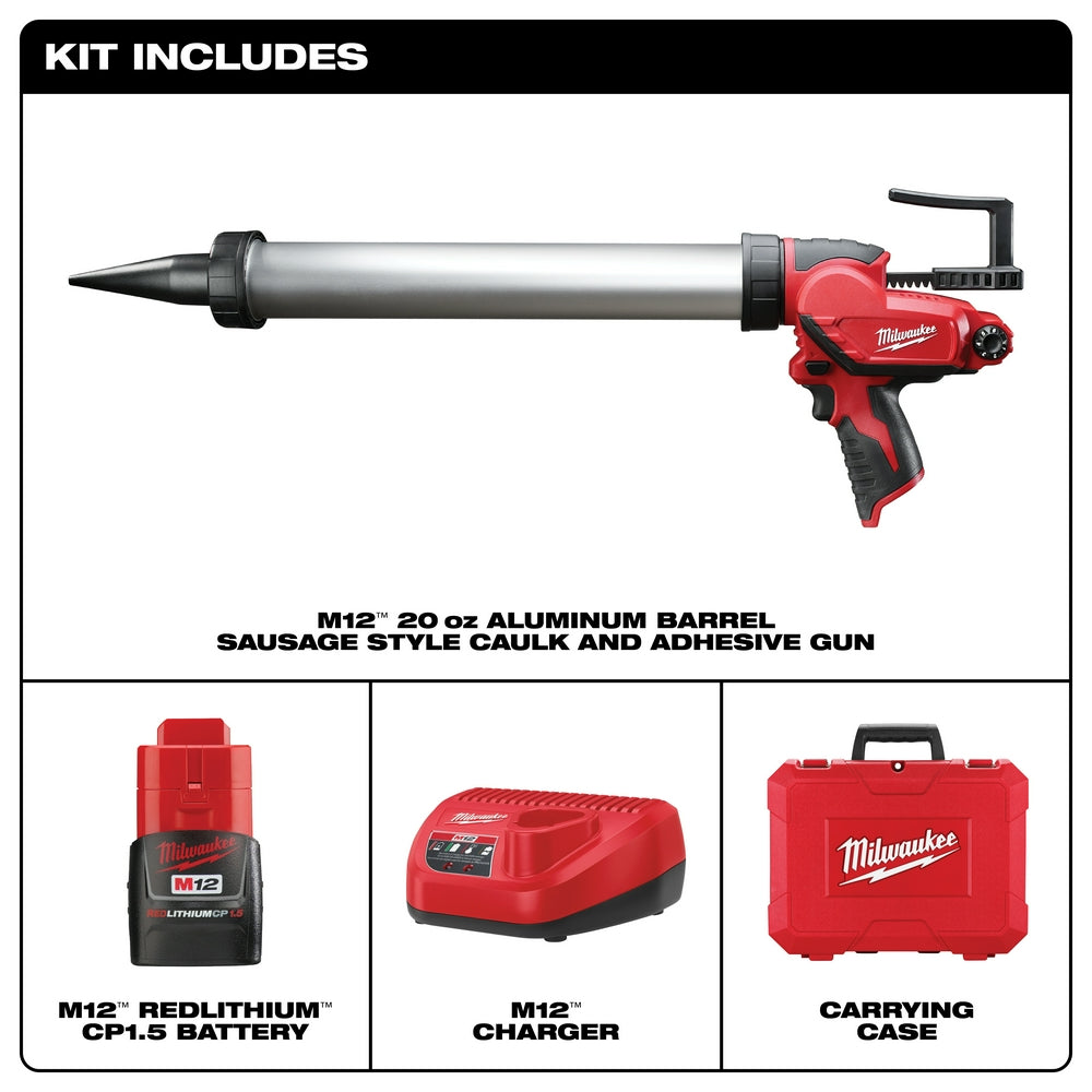 Milwaukee, Milwaukee 2442-21 M12 12V 20Oz. Aluminum Caulk And Adhesive Gun Kit