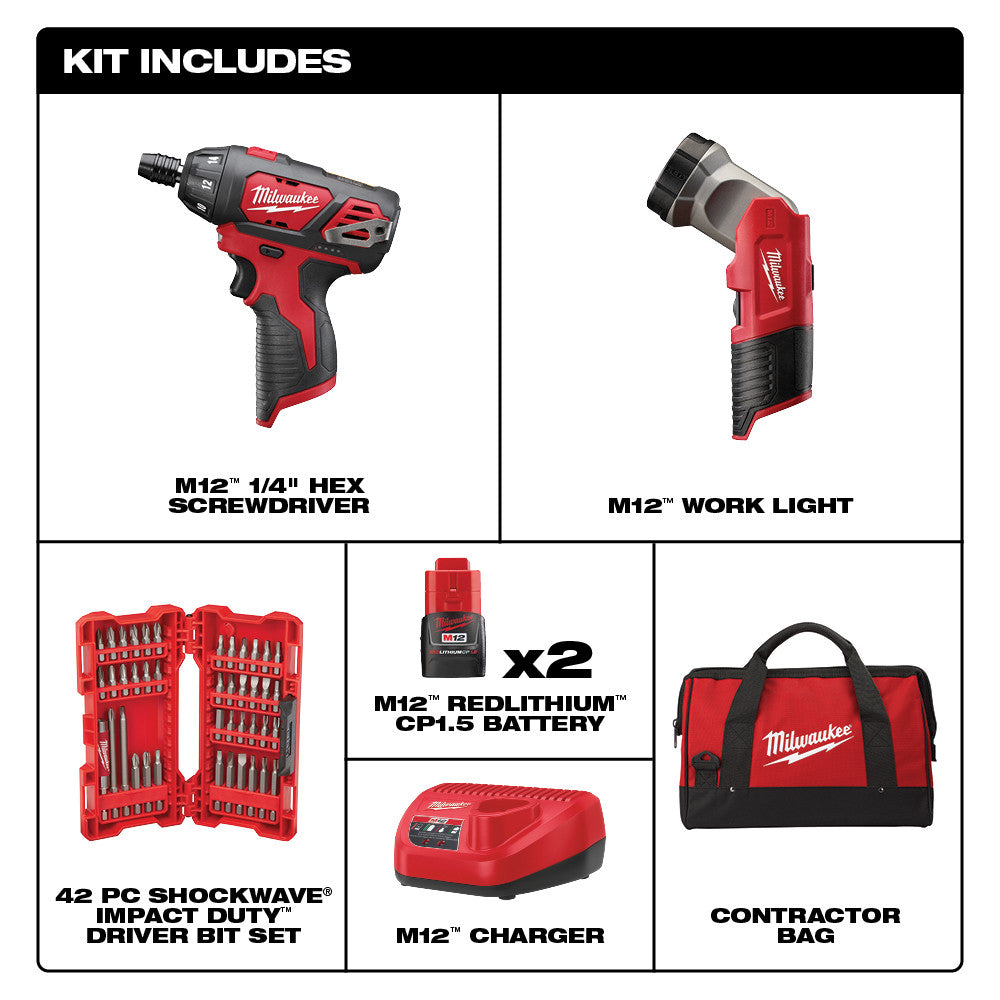 Milwaukee, Milwaukee 2482-22 M12 12V Cordless Lithium-Ion Screwdriver Flashlight Combo Kit