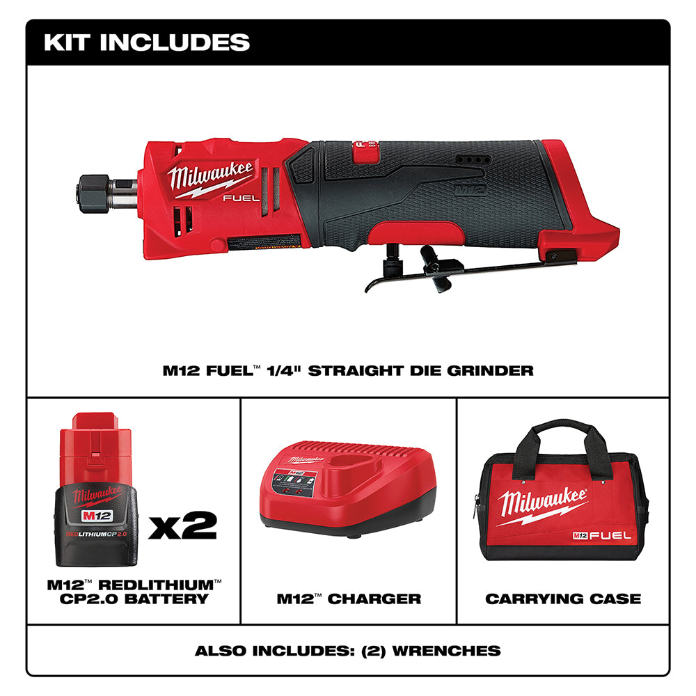 Milwaukee, Milwaukee 2486-22 M12 FUEL 12V 1/4" Cordless Brushless Straight Die Grinder Kit