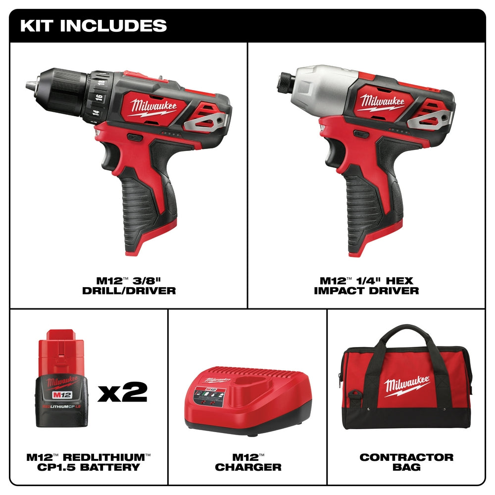 Milwaukee, Milwaukee 2494-22 M12 12V Cordless Power Lithium-Ion 2-Tool Combo Kit